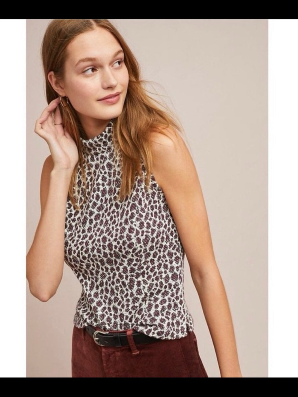 Anthropologie White and Brown Leopard Print Mock Neck Tank